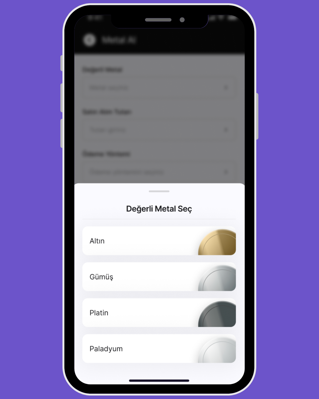 Değerli Metal Seçim Ekranı